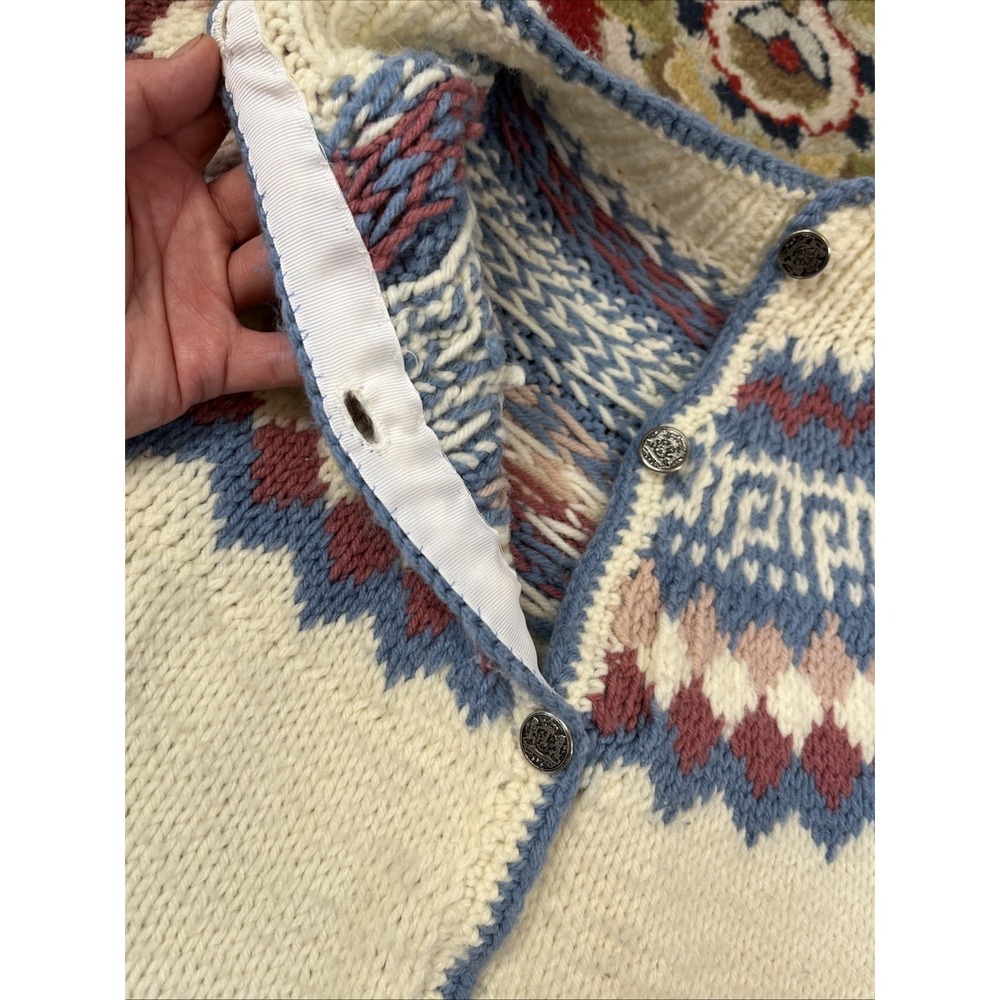 Women's M Ivory Hand Knit Fair Isle Scandinavian Cardigan Sweater Acrylic Wool - Picture 7 of 14